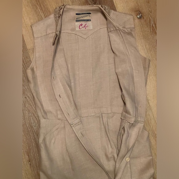 Vintage 1940’s 50s rhinestone beads linen dress pleats buttons Medium M 28”w VLV - Picture 10 of 12